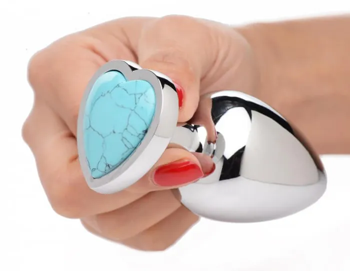 Male Sex Toys XR Brands Booty Sparks Gemstone Large Heart Anal Plug Turquoise